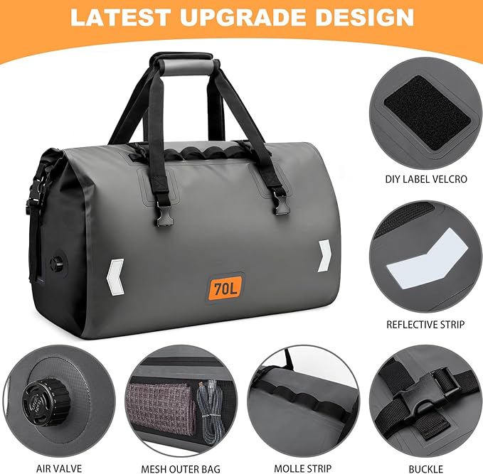 OCKLILY Waterproof Dry Bag, 70L Roll-top Motorcycle Tail Bag with Air Valve & Quick-fixed Straps, Travel Duffle Bags for Kayaking Paddle Boarding Rafting Boating Camping Riding Fishing - Grey