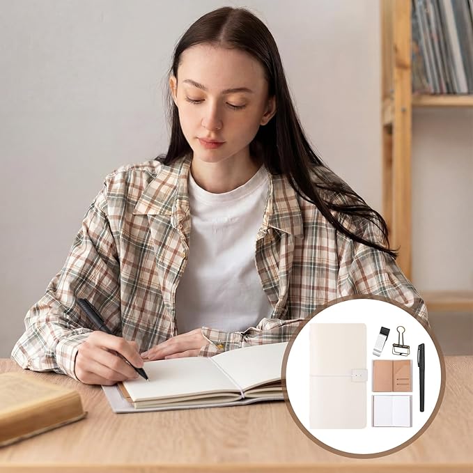 Thenshop Travelers Refillable Leather Journal Notebook Travel Diary Handmade Passport Travelers Journal for Men and Women with 3 Notebook Inserts, Pen Holder, Binder Clip(White,Stand Size)