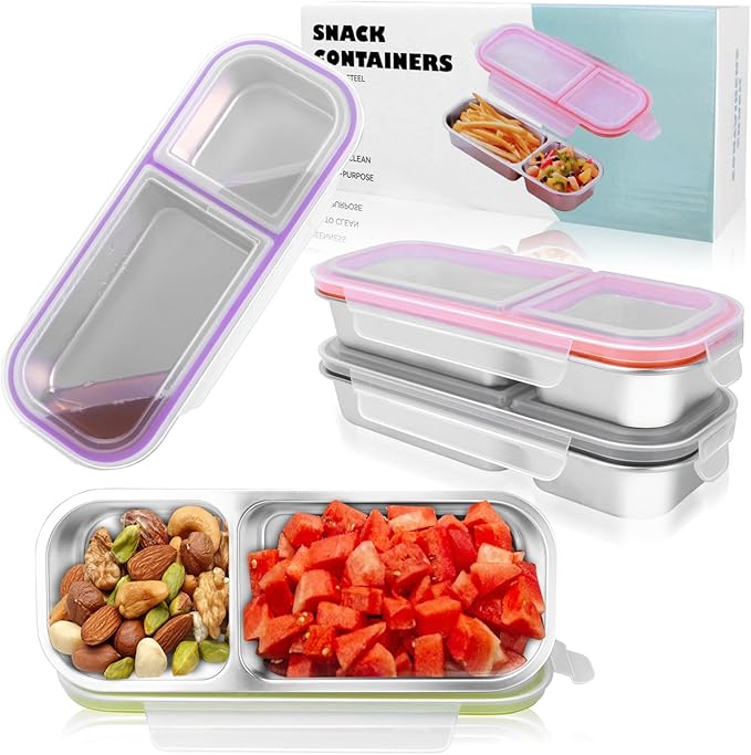 4 Pack Stainless Steel Lunch Containers with Lids, 2-Compartments Snack Container & Lunch Box, Reusable Clear Lid Snack Containers Set, Meal Prep Lunch Box (24 oz / 700ml)