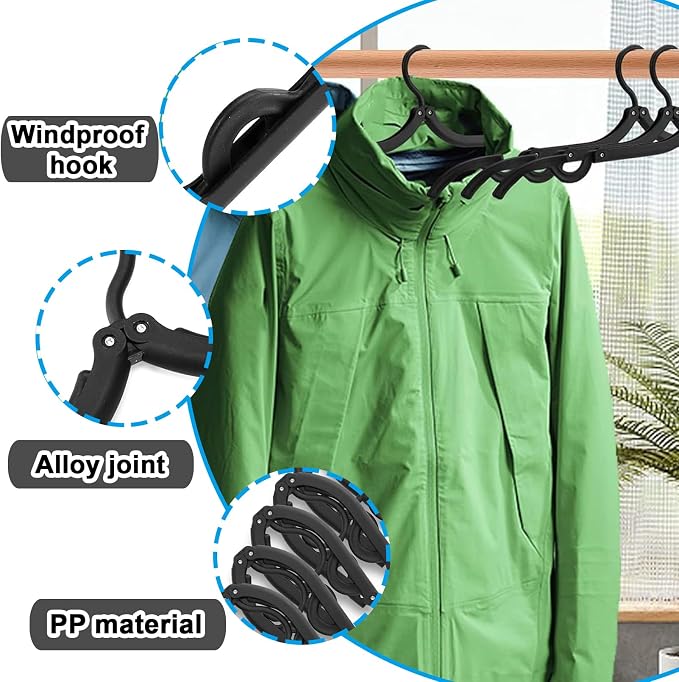24 PCS Travel Hangers,Portable Folding Clothes Hangers Travel Accessories,Foldable Clothes Drying Rack,Clothes Hangers with Clotheslines,Black Non Slip Clothing Hangers