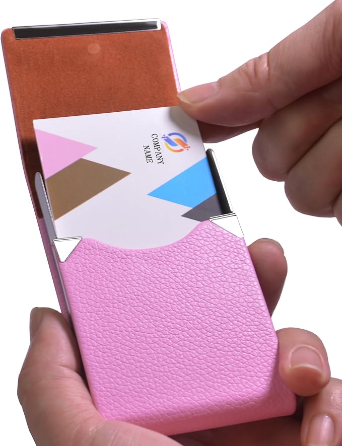 Business Card Holder with Ultra Slim Design,Business Card Case with Premium PU Leather, Suit Pocket Metal Card Holder for Women/Men,Professional Name Card Holder with Magnetic Shut (Pink)