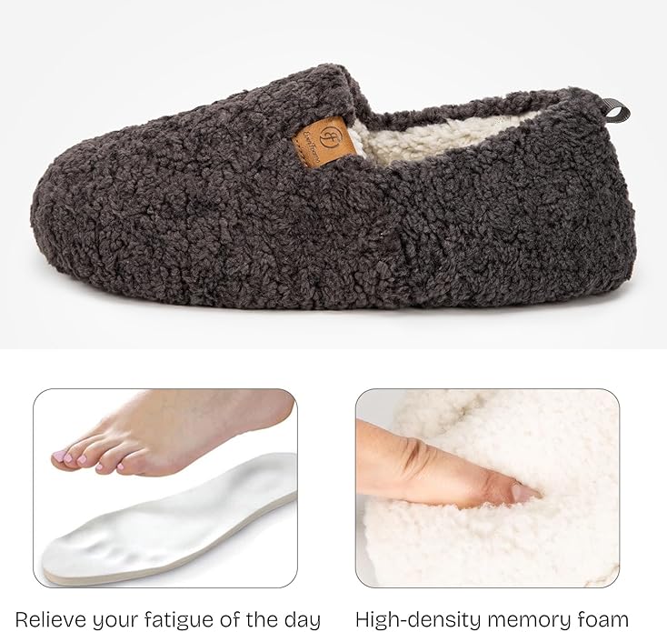 EverFoams Women’s Soft Curly Full Slippers Memory Foam Lightweight House Shoes Cozy Loafer with Polar Fleece Lining