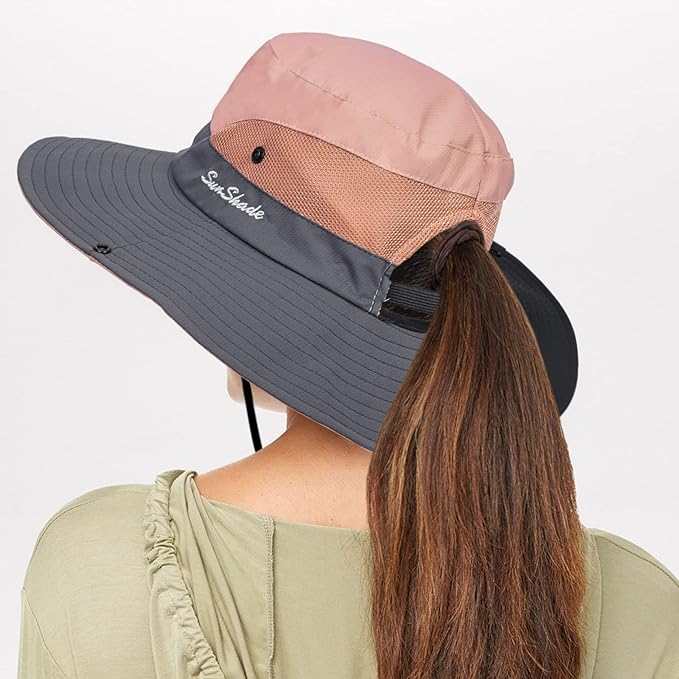 Sun Hat for Women Summer UV Protection Beach Hat Wide Brim Mesh Bucket Fishing Hat with Ponytail Hole Foldable Packable Hat