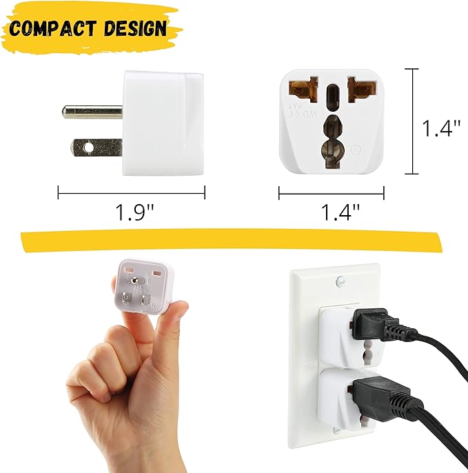 Bates- Universal Travel Plug Adapter, 2 Pack, Converts EU/UK/AU/Asia Plugs to USA Outlet, Europe to US Plug Adapter, UK to US Outlet, Compact Design for Home, Office