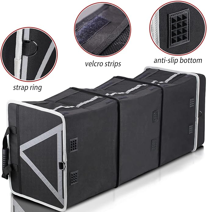 Homeve Car Trunk Organizer for SUV, 25Gal Large Capacity No-Sag Heavy Duty, Foldable Waterproof Anti-Slip Storage with 12 Pockets, Fit Sedan,Truck,Universal Car Accessories, Black, 3 Compart, Large