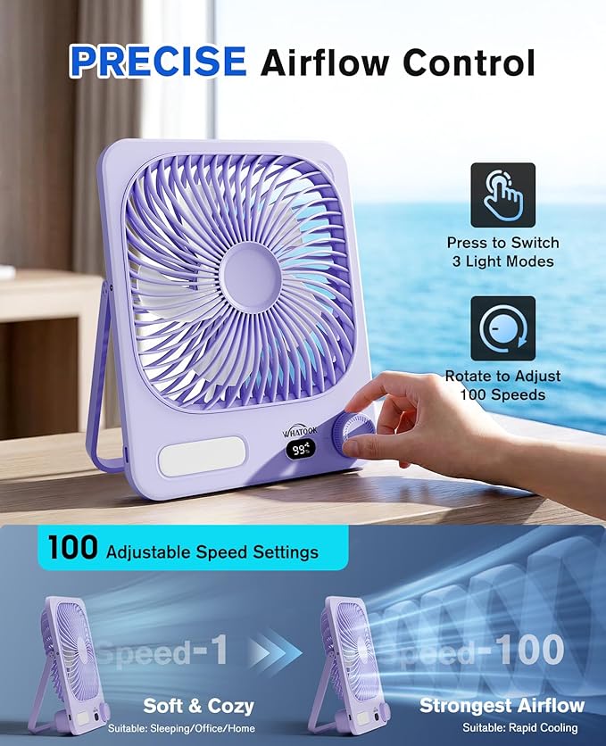 WHATOOK Large Travel Fan Rechargeable - 10000mAh Battery Operated Portable Fan with 100 Speeds & Night Light, Ultra Quiet Personal Desk Fan for Bedroom, Office, Camping & RV Tent (Purple)