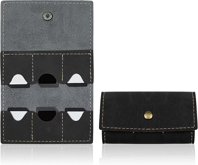 Memory Card Holder, Foldable Gaming SD Card Holder with Metal Snap Button and 6 Card Slots, Portable Retro Leather Guitar Pick Case for Travel or Daily Storage (Black)