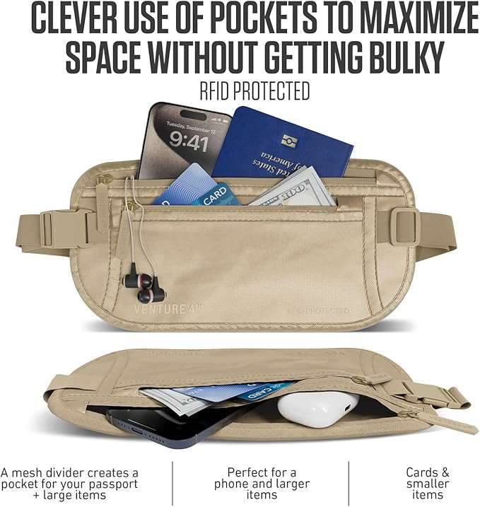 VENTURE 4TH Money Belt for Travel – Slim Hidden Under-Clothes RFID Blocking Anti-Theft Passport Holder & Travel Wallet Pouch for Men & Women to Protect Cash, Cards & Documents (Sleek Beige)