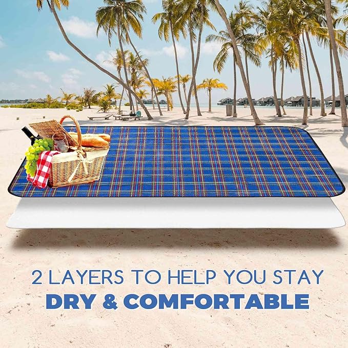 Beach Picnic Blanket, Sandproof Waterproof Camping Blankets Large, Outdoor Sandfree Foldable Mat 55x40in, Oversized Packable Family Mats for Hiking, Camping, Park, Travel, Grass Concert-Blue