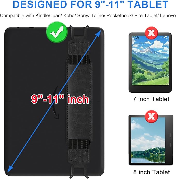 HoYiXi Soft Hand Strap for 9-11 Inch eReaders & Fire Tablet Compatible with Fire HD 10/iPad 9.7 /iPad mini/Galaxy Tab A8 A9/Huawei Lightweight Black High-Elasticity Finger Grip Holder -Black