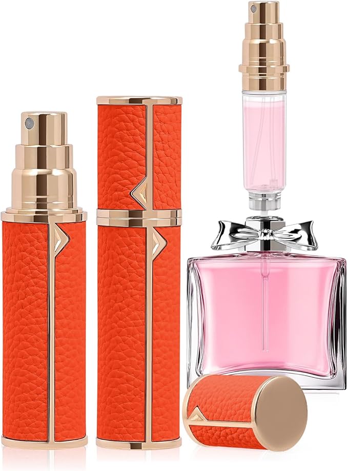 Refillable Travel Perfume Bottle – Fine Mist Atomizer, Bottom Fill, Genuine Leather Shell, TSA Approved, For Daily Refresh & Travel (Orange, 5ml)