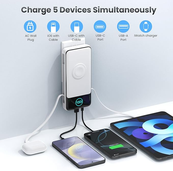 Portable Charger for iPhone with Built-in Cables and AC Wall Plug,26800mah Fast Charging USB C Power Bank,25W PD Travel Essential Battery Pack for iPhone 17/16/15/14/13,Galaxy,Apple Watch (White)