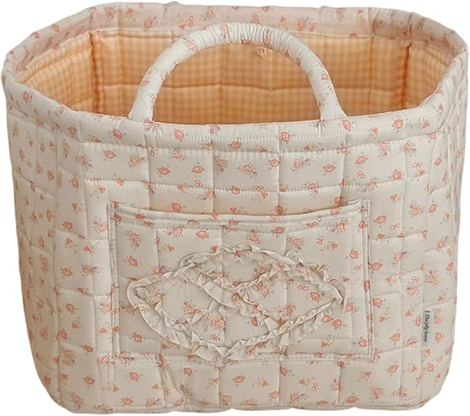Floral Fabric Storage Basket Car Interior Storage Basket Underwear Sundries Laundry Baskets Supplies Home Organizer Bag (white bow)
