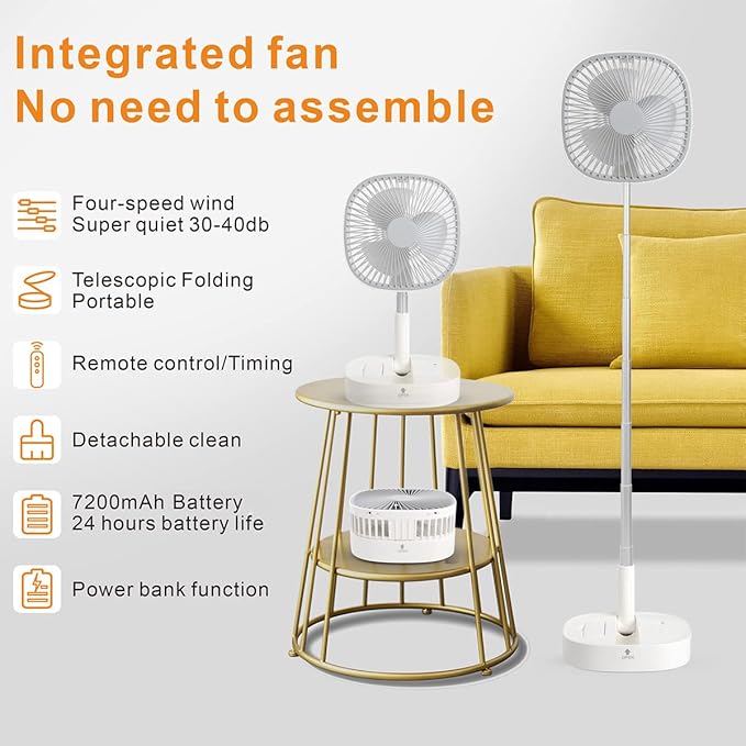 Magesh Portable Pedestal Fan - Foldaway Standing Fan Foldable Desk Fan, Use 7200Mah Rechargeable Battery, Remote Control Telescopic 4 Speed Quiet Timer Fan for Home Kitchen Outdoor Camping (Gray)