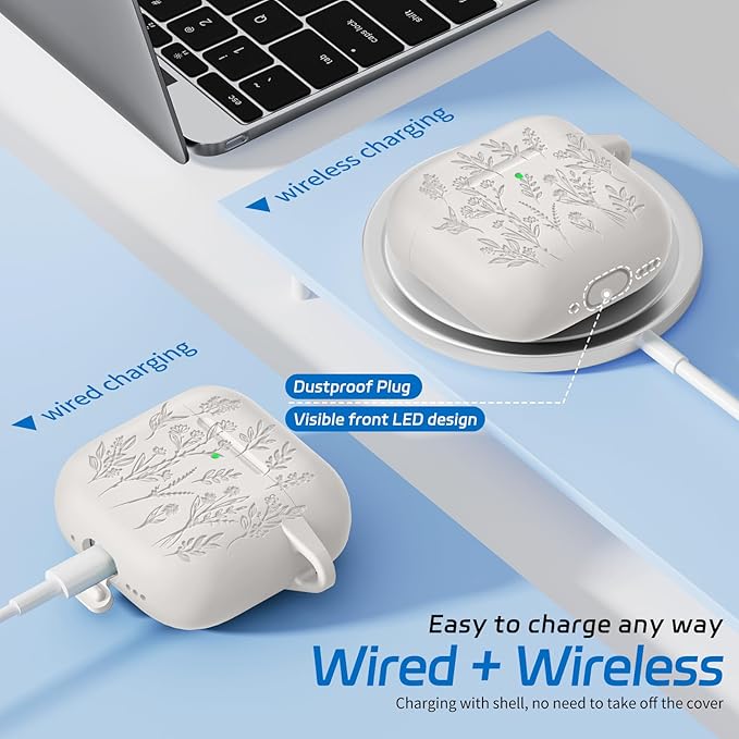 for Airpods 4 Case, Ekoonpft Flower Engraved Cases for Apple AirPods 4th Generation 2024, Soft Silicone Cover for Women Girly with 3-in-1 Cleaner Kit, Keychain, Military Grade Protection