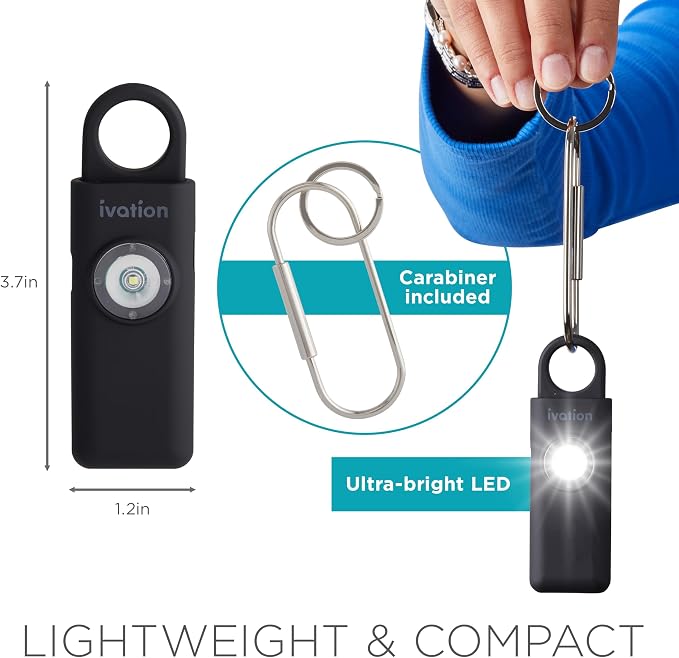 Ivation Personal Rechargeable SOS Alarm, Pocket Size Loud 130dB Sound Safety Siren & LED Panic Strobe Light with Carabiner Keychain Clip for Women, Children & Seniors, Black