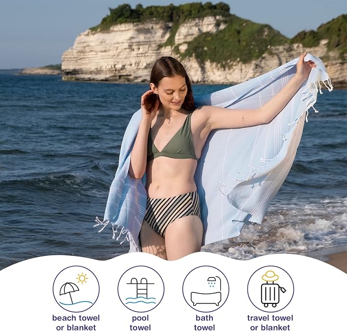 Turkish Beach Towels, Pack of 6 | Oversized, Quick Dry, Sand Free | 100% Cotton, Large 38x71 Towels for Beach, Pool, Travel | Ultra-Soft, Compact, and Absorbent | Baby Blue