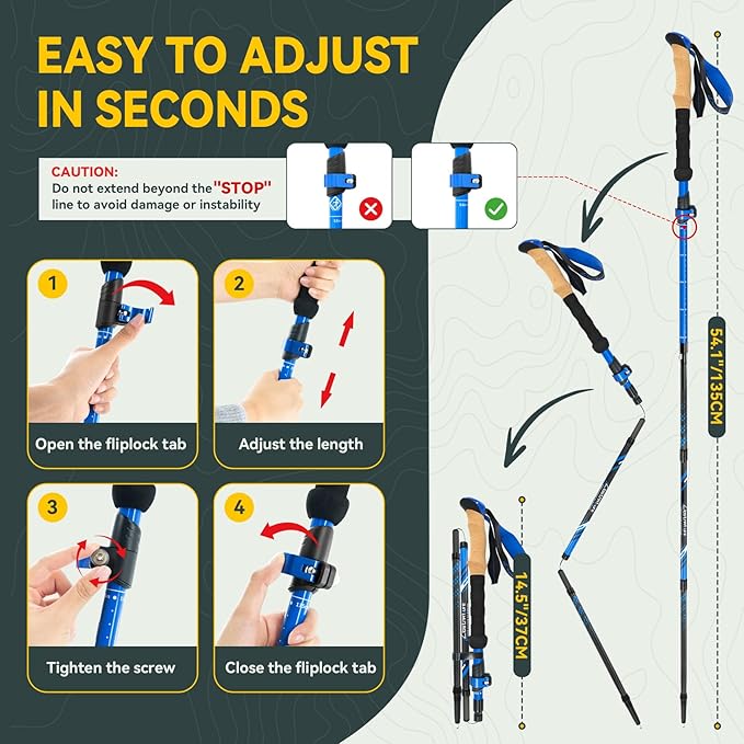 Clostnature Collapsible Trekking Poles for Hiking – Carbon Fiber Folding Hiking Poles, Telescopic Lightweight Trekking Sticks for Women, Men, Seniors, Retractable Nordic Walking Sticks for Climbing