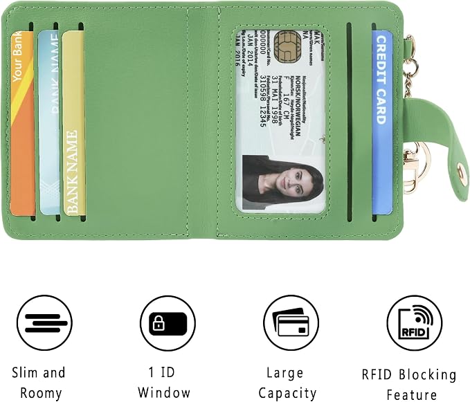 Airkit Small Wallets Woman RFID Blocking Leather Credit Card Holder - with ID Window - Card Wallets for Women - with Zipper Coin Purse - Keychain Wallet