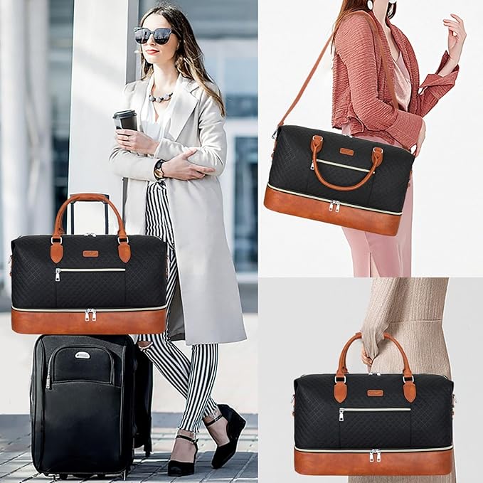 ITIEZY Weekender Overnight Bag for Women - Large Travel Duffel Bag with Shoe Compartment, Gym Duffel Bag Hospital Bag Carry On Tote Bags for Airplanes with Crossbody Bag Toiletry Bag 3Pcs Set