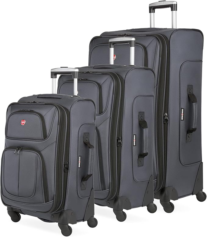 SWISSGEAR Sion Softside Expandable Spinner Luggage Durable Lightweight Travel Suitcase, Dark Grey, 3-Piece Set (Carry-On/Medium/Large)