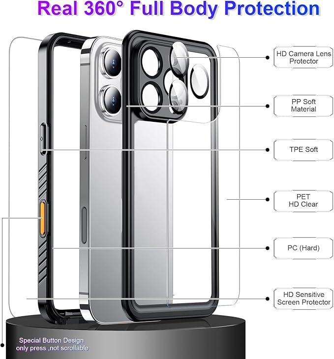 Compatible with iPhone 16 Pro Case Waterproof, Built-in Screen & Camera Protector IP68 Underwater Full Body 16FT Military Dropproof Shockproof Phone Case 6.3"-Black/Clear