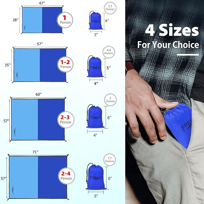 Frelaxy Pocket Picnic Blanket, Waterproof Sandproof Beach Mat, Compact Camping Tarp for Festivals, Hiking, Travel, Outdoor Recreation (Navy & Blue, 57'' x 60'')