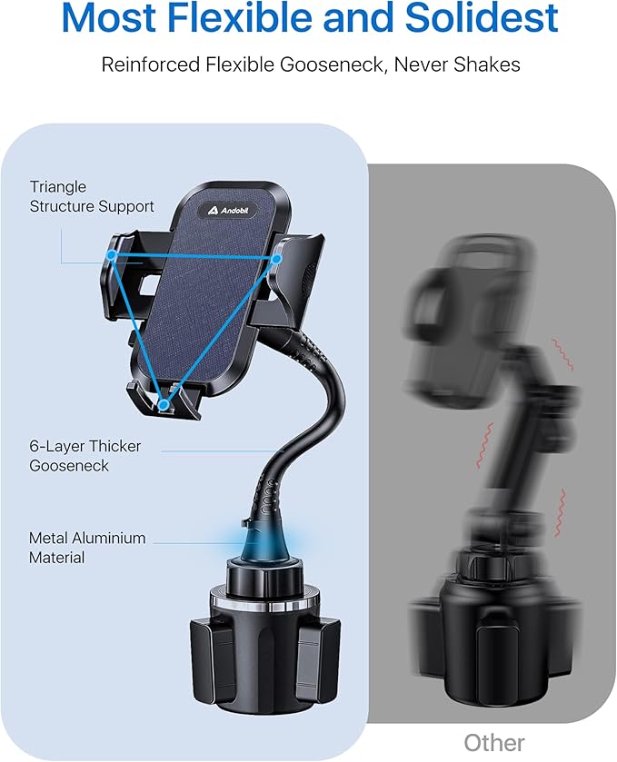 andobil Military-Grade Cup Holder Phone Holder, [Ultra Sturdy & 360° Adjustable] Gooseneck Cup Phone Holders for Your Car Truck, Super Durable Car Phone Mount for iPhone 17 16 15 14 Pro Max/Samsung