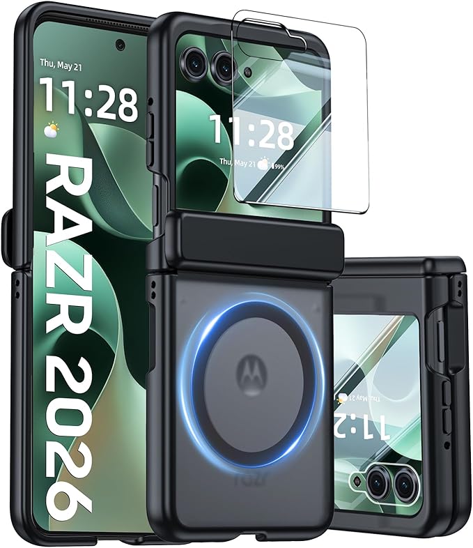Magnetic for Motorola Razr 2026 Case with Hinge Protection, Screen Protector, Compatible with MagSafe,Skin Feel Translucent Frosted, Shockproof Slim Cover for Moto Razr 2026-Black