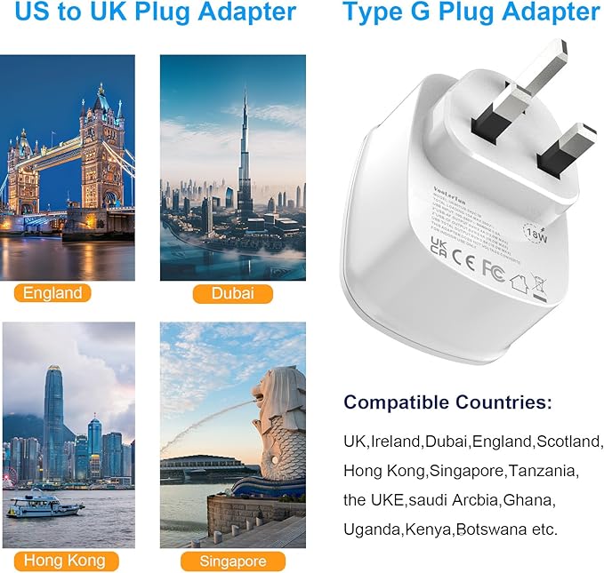 Type G Adapter for Travel US to UK Plug Adapter Outlet Converter with Multi USB Port, Electrical Outlet Power Adapter for Ireland Scotland Dubai England Hongkong Travel Cruise Essential