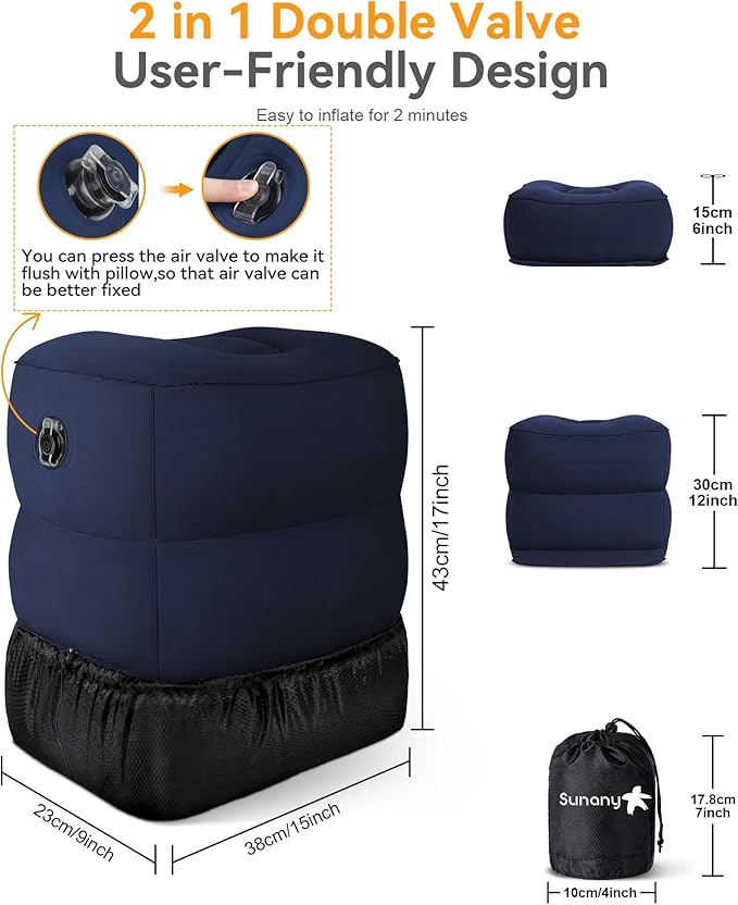 Sunany Inflatable Foot Rest Pillow for Travel, Kids/Adults Airplane Travel Pillow-Adjustable Height for Kids to Sleep While Traveling,Suitable for Airplane, Office, Home, Cars and Any Travel（Blue）