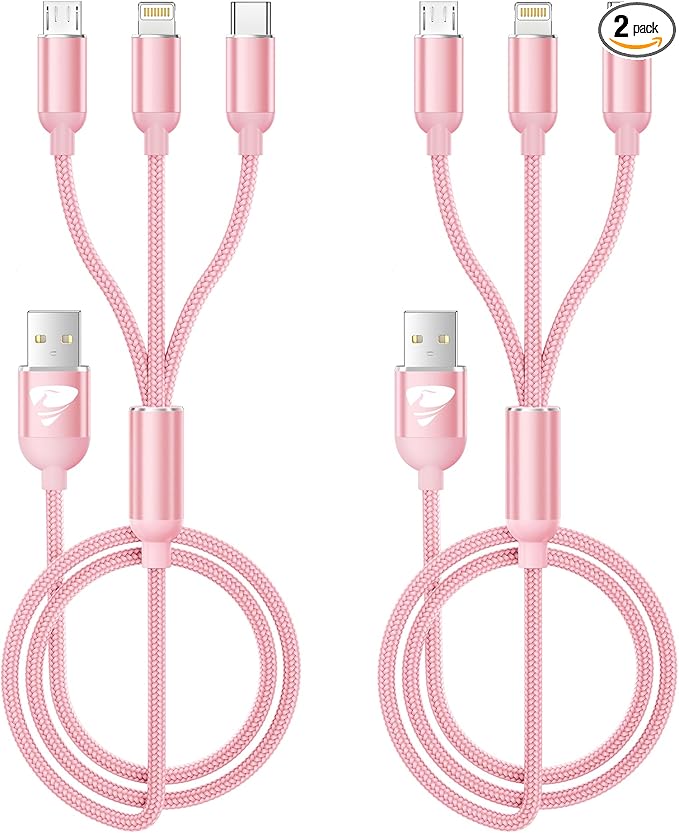 Aioneus Multi Charging Cable, 2Pack 4FT Multi Charger Cable Universal 3 in 1 Charging Cord Nylon Braided Multiple USB Adapter with Type-C, Micro USB Port Connectors for Cell Phones and More (Pink)