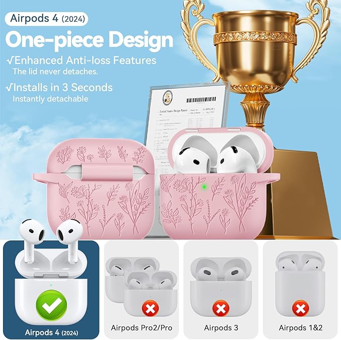 for Airpods 4 Case with Magnetic Lid, Ekoonpft Flower Engraved Cases for Apple AirPods 4th Generation 2024, Soft Silicone Cover for Women Girly with Cleaning Kit & Keychain, Shockproof