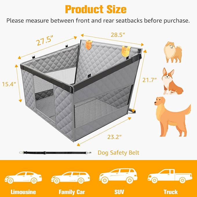 PETICON Large Dog Car Seat, Back Seat Extender for Dogs with 3 Mesh Windows, Waterproof Medium Carseat for Dogs with Hard Bottom, Pet Seat Cover for Cars, Trucks and SUVs