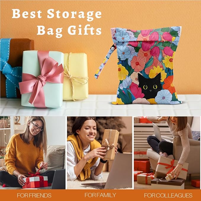 Black Cat Wet Dry Bags Reusable Waterproof Wet Bags Floral Swimsuit Bag Diaper Pouch for Travel Swimsuits Diapers Towels Beach Gym Cat Gifts for Women Friend Travelers 10 x 13 Inches