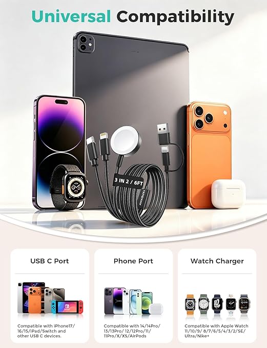 Travel Essentials,3 in 2 USB C Cable for Apple Watch Charger,iPhone Charger,Multi Charging Cable,Cruise Vacation Camping Portable for iWatch Series 11-2/Ultra/SE & iPhone 17-12,Car,Black-6FT