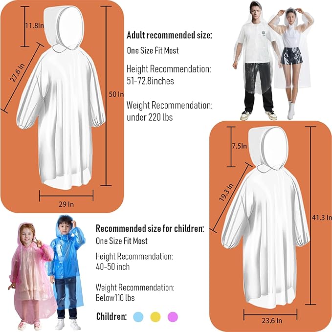 Ponchos Family Pack, Rain Poncho for Adults and Kids Disposable Emergency Rain Ponchos