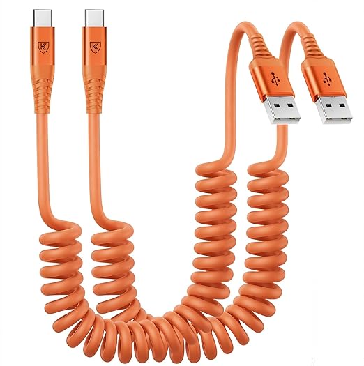 USB to USB C Cable Fast Charging 60W, [2Pack, 3FT] Coiled USB A to USB C Cable for Car, USB Type C Cable iPhone Charger USBC Cord for iPhone 17/16/15/Pro Max/Plus/Samsung Galaxy S26/S25/Ultra-Orange