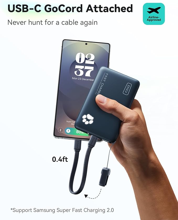 INIU 45W Fast Charging Portable Charger, 40% Smaller 10000mAh with Detachable Cable, Flight-Safe Travel Power Bank, USB C External Phone Battery Pack for Business, School, Dorm, College Student, Blue