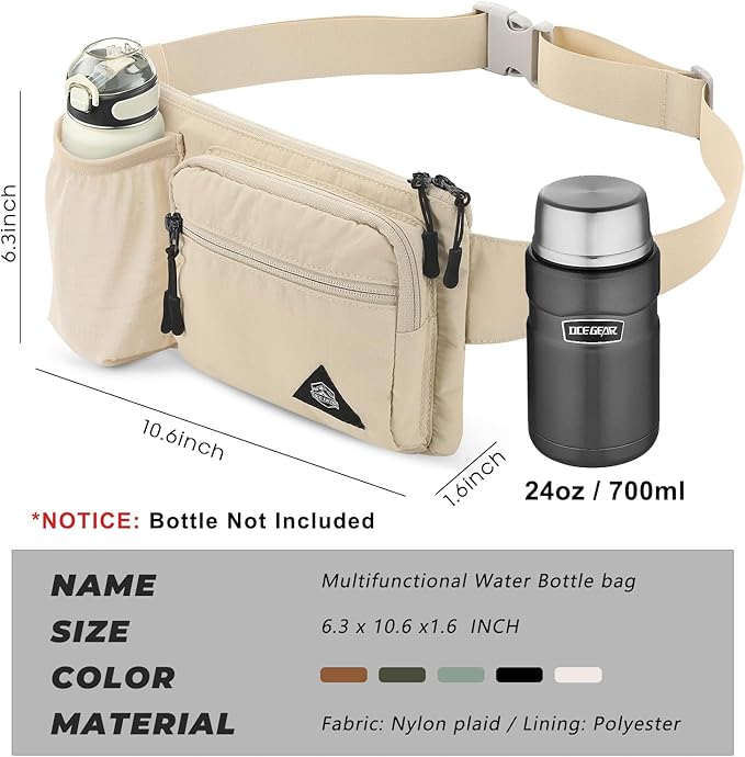 Waist Pack with Water Bottle Holder for Men Women Waist Bag Running Waist Pack Waterproof for Outdoor Travel Cycling Climbing Walking Fit All Phones (Bottle Not Included) (Beige)