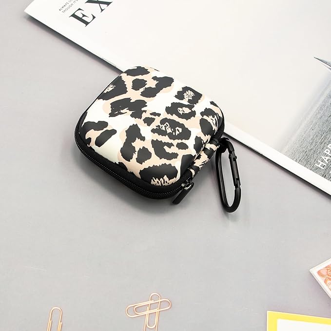 Earbud Case,Headphone Organizer Earbud Storage Bag, Hard EVA Shockproof Cover Carrying Case with Carabiner Clip Compatible with AirPods 4 AirPods Pro 2nd /3/2/1 Bose Galaxy Buds (Leopard)