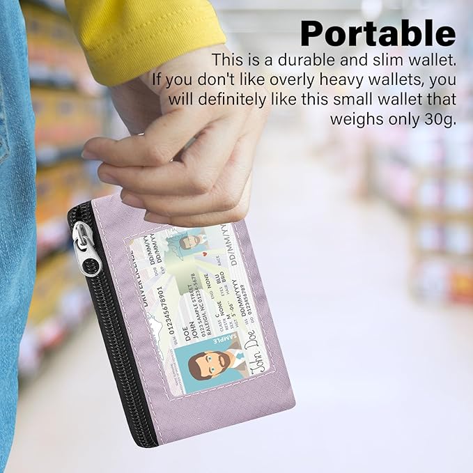 Minimalist RFID Blocking Wallet with Lanyard, Functional ID Case with 2 Zipper Pockets and Key Chain for Men and Women, Tactical Badge Pouch Cards Holder, Coin Purse for Travel Sports-Purple