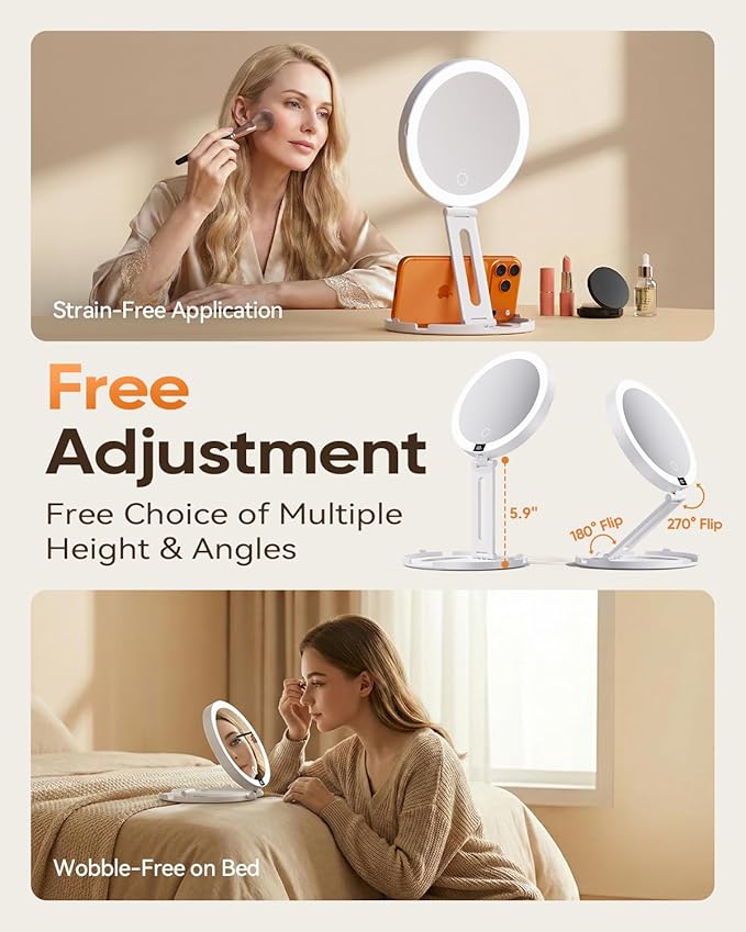 Travel Makeup Mirror with Lights (Gen 3) - 20X/1X Dual Sided Magnifying Mirror with Digital Power Display - Rechargeable, 3 Color Dimmable, CRI 95+ - Portable Folding Mirror for Desk & Travel