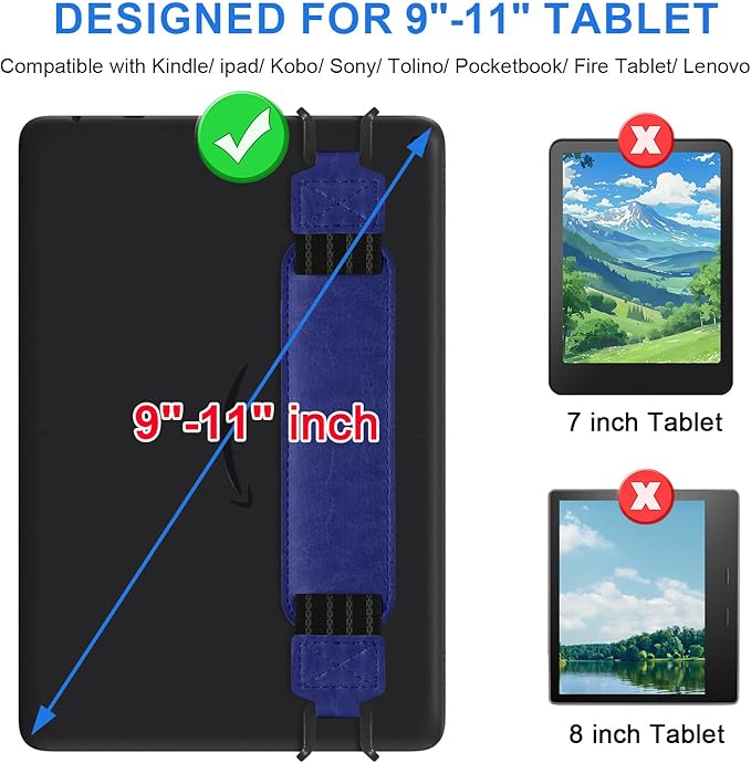 HoYiXi Soft Hand Strap for 9-11 Inch eReaders & Fire Tablet Compatible with Fire HD 10/iPad 9.7 /iPad mini/Galaxy Tab A8 A9/Huawei Lightweight Black High-Elasticity Finger Grip Holder,Blue