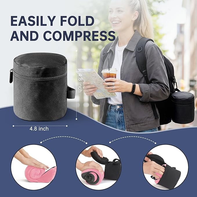 Neck Pillow Travel Pillow - 100% Pure Memory Foam Airplane Pillow with Adjustable Clasp & Removable Cover, Portable Travel Essentials for Long Flights, Car & Office (Pink, with Eye Mask)