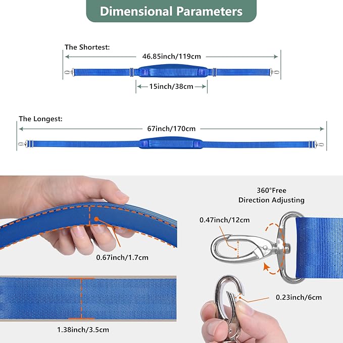 67 Inch Shoulder Straps, Soft with Ultra-Thick Fixed Shoulder Pad, Two Way Independently Adjustable Buckle Replacement Straps for Laptop Bag Messenger Bag Tool Bag Luggage,Blue