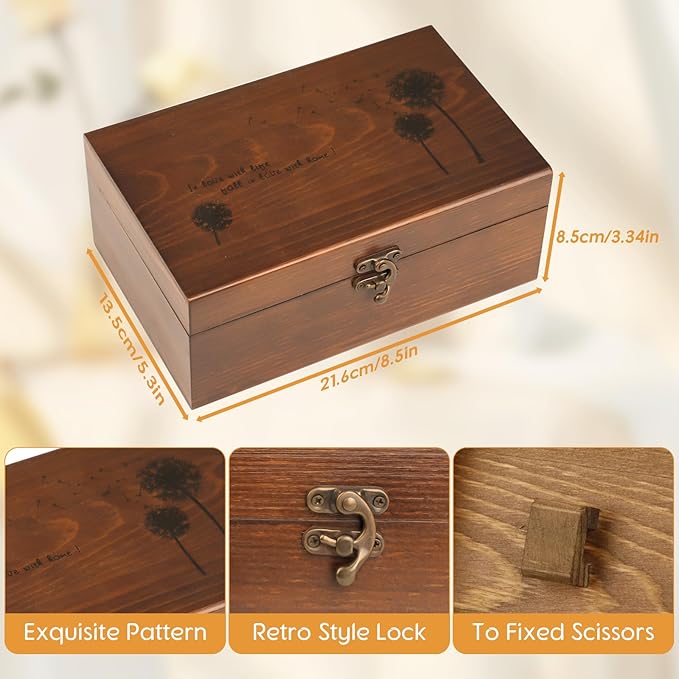 Sewing Kit, Wooden Sewing Kit Box for Adults, Wooden Sewing Basket with Accessories, Home Sewing Basket Stitching Repair Kit for Beginner, Women, Men,Vintage Embroidery Scissors Kit (Retro Brown)
