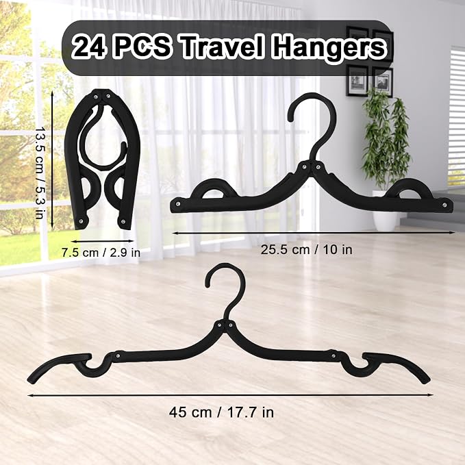 24 PCS Travel Hangers,Portable Folding Clothes Hangers Travel Accessories,Foldable Clothes Drying Rack,Clothes Hangers with Clotheslines,Black Non Slip Clothing Hangers