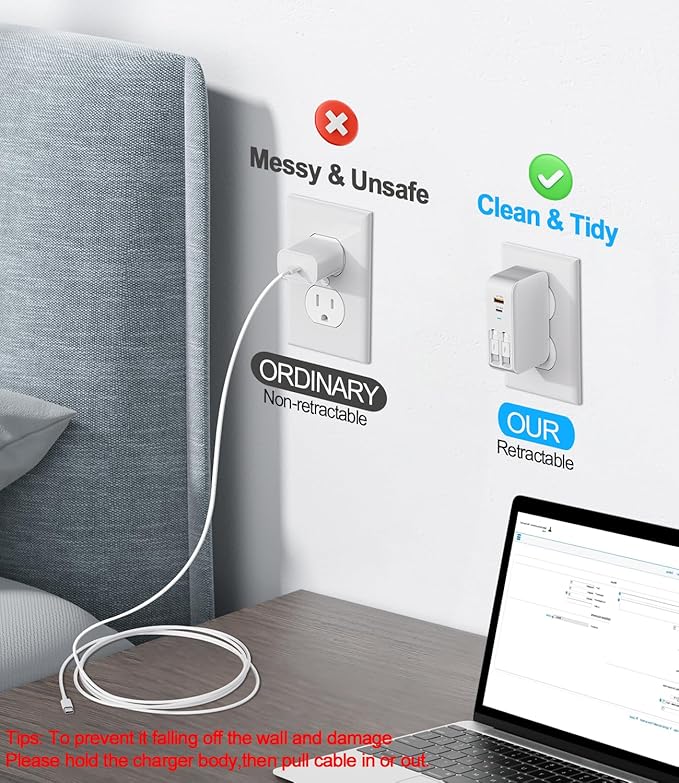 4 in 1 Retractable Wall Charger with Dual Cables,40W Retractable Phone Charger Wall Plug with Dual USB Ports,20W USB C Chargers Block Fast Charging for iPhone 17 16 15 14 13,LG, Galaxy S24 23,Pixel