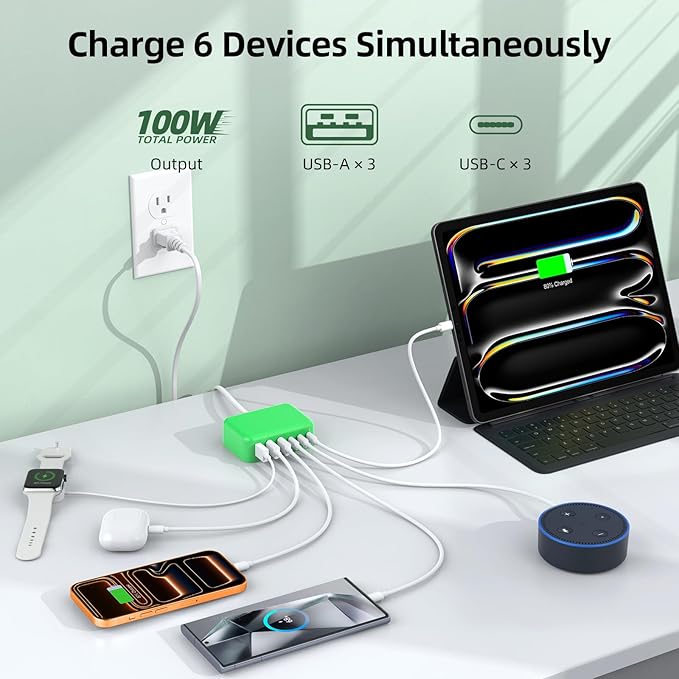 6 in 1 USB Charger, 50% Smaller Charging Station for Multiple Devices, 100W Fast Charging Blocks with Type C Ports, USB Charging Hub Organizer Multiport Power Strip for iPhone, Ipad, Kindle, Travel